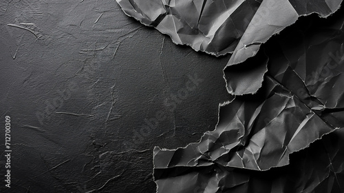 Crumpled and torn black paper remains on a rough black surface, leaving half of the image space for text. Concept image background photo