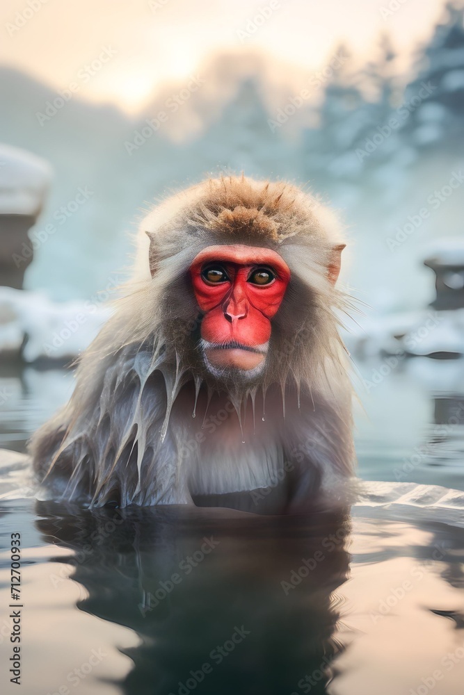 Fototapeta premium a group of red-cheeked monkeys bathing in a natural onsen hot spring in Snow. Japan