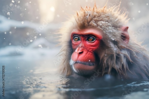 a group of red-cheeked monkeys bathing in a natural onsen hot spring in Snow. Japan photo