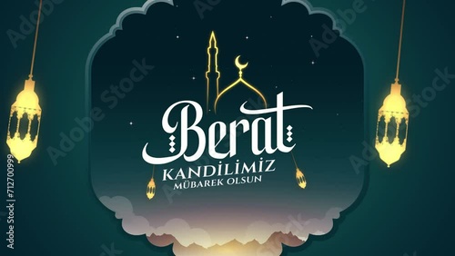 Berat Kandili mübarek olsun. Translation: Happy Berat Kandili. Muslim Holiday, 16x9 horizontal photo