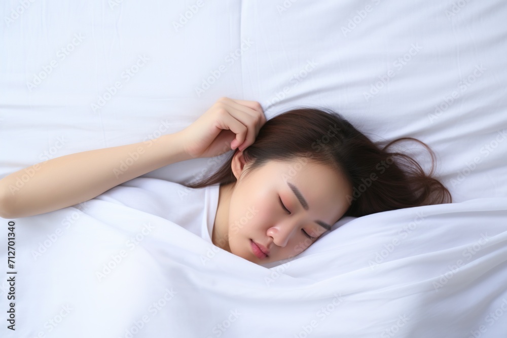 A young Asian woman is sleeping soundly under a white blanket.