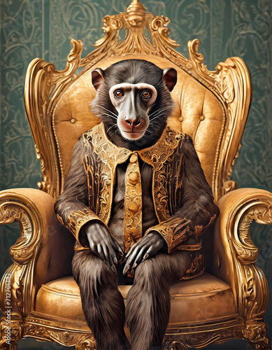 Monkey sitting on a golden Grand Edwardian Chair, close up of the animal while looking at the camera. Wild animals in luxury.