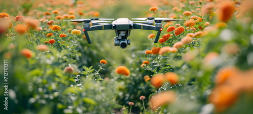quadcopter on a flower field with orange flowers