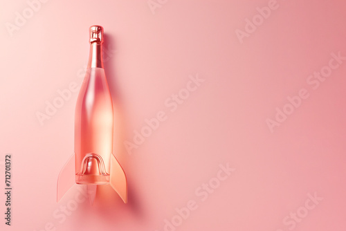 Champagne bottle flies up like a rocket. Champagne rocket launch as a symbol of holiday and party, beginning of vacation, travel or celebration. Party minimal concept, copy space photo