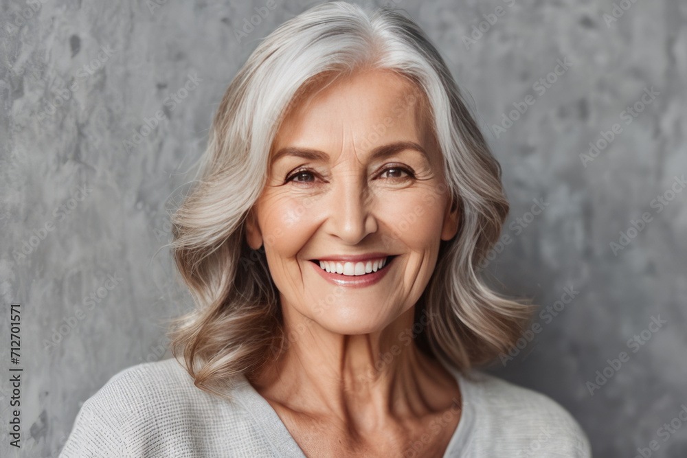 Portrait of beautiful older woman smiling and standing by gray wall. A place for text, a banner for advertising. Portrait of beautiful older woman smiling and standing by gray wall. A place for text, a banner for advertising.