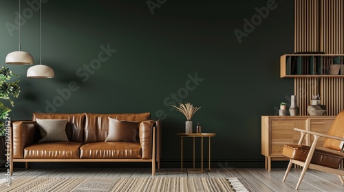 A living room with a brown leather couch. Dark green walls and brown leather furniture, modern interior