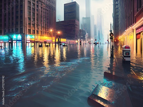 Flooded urban street under city lights, with towering buildings shrouded in mist. Generative AI.