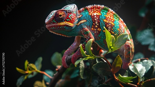 illustration of realistic multicolored chameleon with iridescent skin in speckles sitting on branch of a bush over black background photo