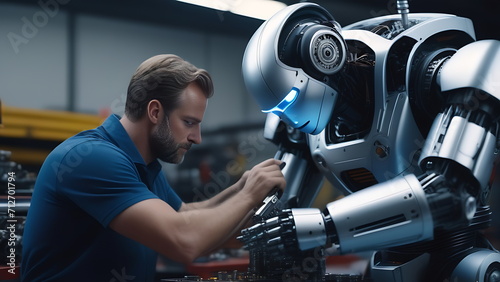 Male repairman modifies a robot in a factory