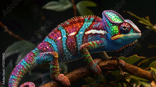 illustration of realistic multicolored chameleon with iridescent skin in speckles sitting on branch of a bush over black background © Alizeh