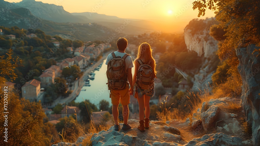 Adventurous couple enjoying a sunset hike in nature. explorers overlooking a scenic landscape. discovering the great outdoors. AI