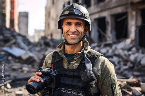 Portrait of man war journalist in bulletproof vest and helmet standing near destroyed buildings © Alina