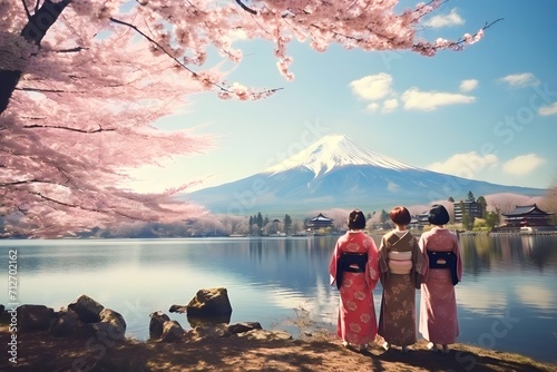 Group happy Asian young women wearing traditional Japanese kimono at mount Fuji and cherry blossoms, Kawaguchiko lake in Japan