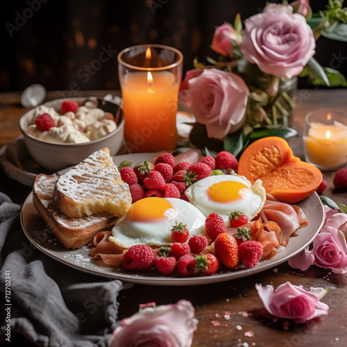 Romantic breakfast for Valentine's Day. Eggs, waffles, berries, coffee and drinks. Rose flowers and sweets