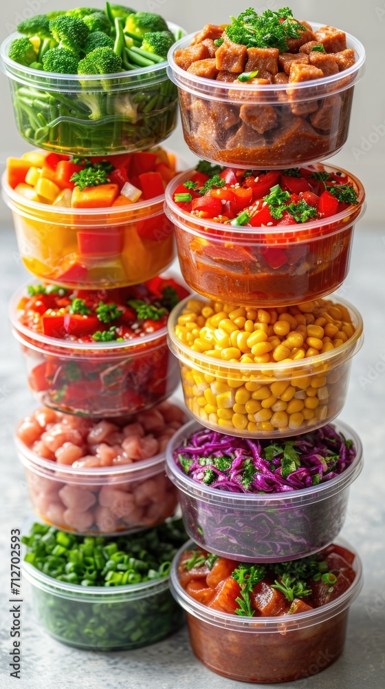 A stack of plastic containers filled with different types of food