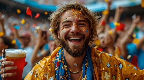 Joyful young man celebrating at a vibrant festival. ecstatic expression, holding a beer. captured moment of happiness. AI