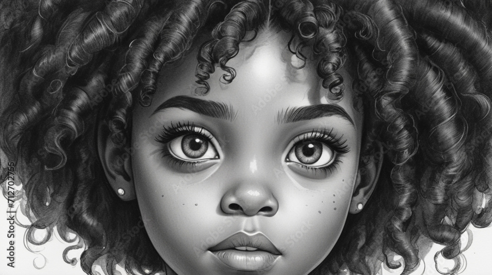 A hand-drawn, in ink, image of a black girl with large, brown doe eyes. Eyes, lashes, and eyebrows have an ultra-realistic wet look. Eyes are intensely beautiful. Generated AI