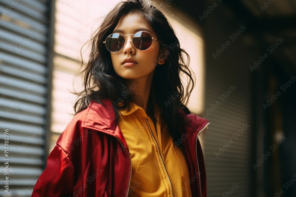 Fashionable young brunette woman in a red coat and sunglasses Fashionable young brunette woman in a red coat and sunglasses