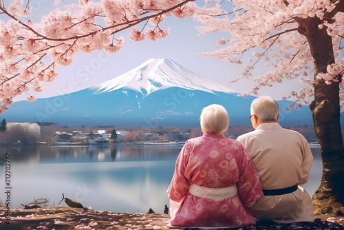happy Asian old couple wearing traditional Japanese kimono at outdoor