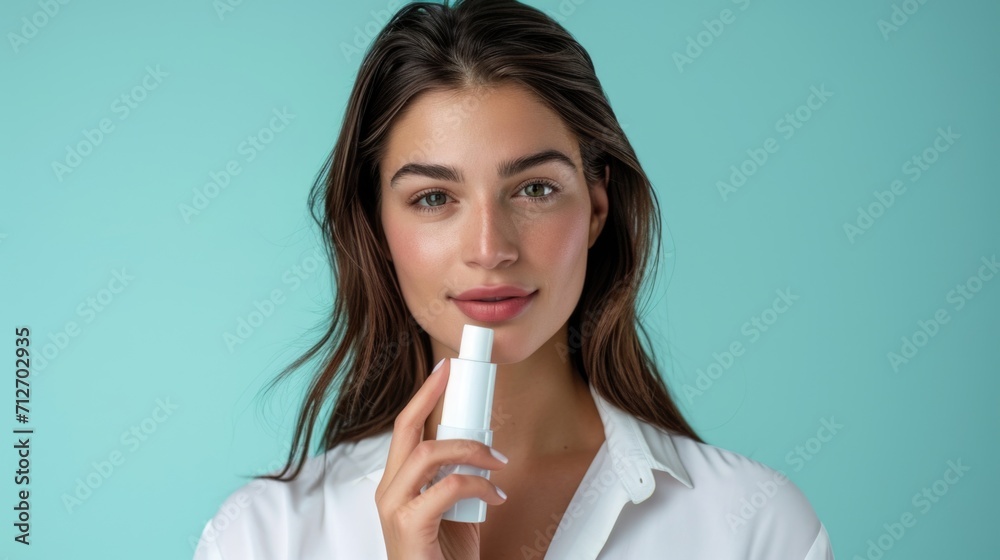 A woman in a white shirt holding a bottle of lotion A woman in a white shirt holding a bottle of lotion
