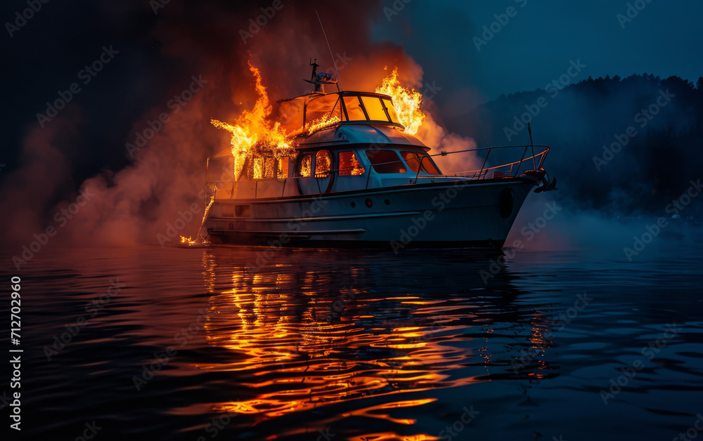 A yacht on fire near a cliff, with thick smoke rising. - obrazy, fototapety, plakaty 