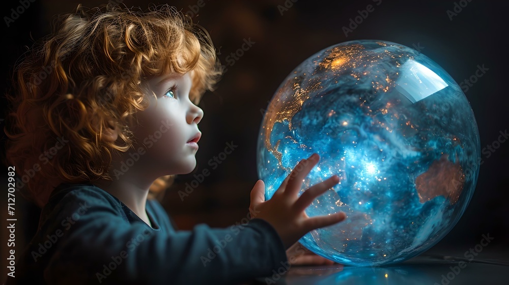 Naklejka premium Young child in awe of a glowing celestial orb, wonder in their eyes. a magical moment captured. AI