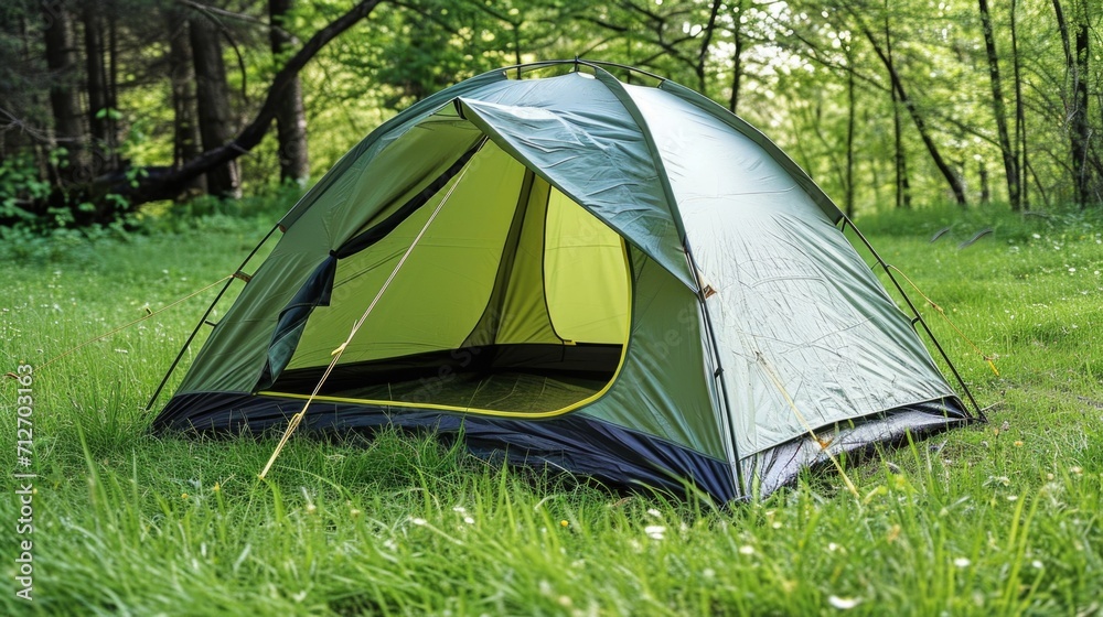 A tent in the middle of a grassy field