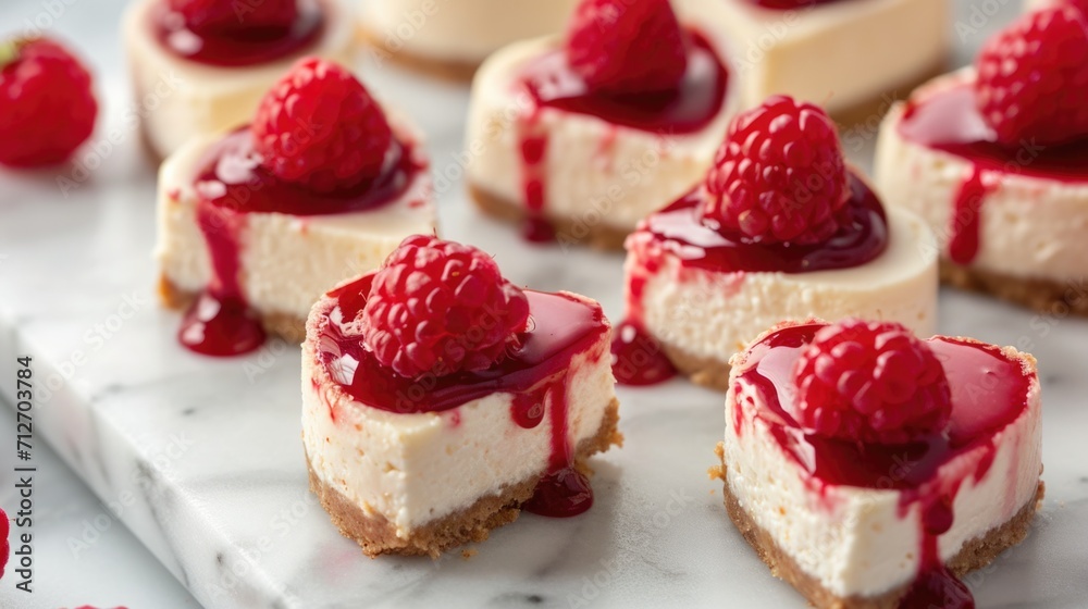 heart-shaped cheesecakes with a raspberry coulis drizzle generative ai