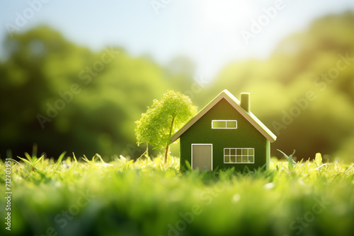 Sustainable Concept green home and environmentally friendly construction. It includes a mini house icon placed on a lush green lawn generative ai