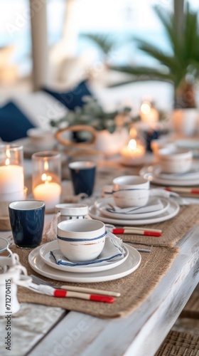 A table set with plates and cups and candles