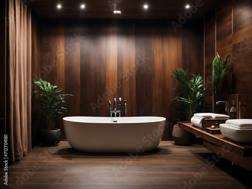 Interior of a modern public bathroom with dark wooden walls and tiled floor design.