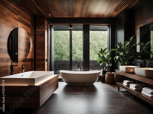 Interior of a modern public bathroom with dark wooden walls and tiled floor design. © Mahmud