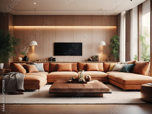 Interior of modern living room panorama design, 3d rendering © Mahmud