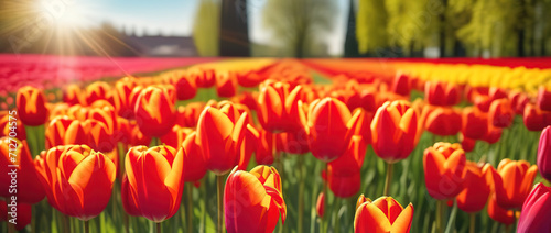 Red tulips blooming flowers field sunny day gark farm garden holland coumtryside landscape horizon photo