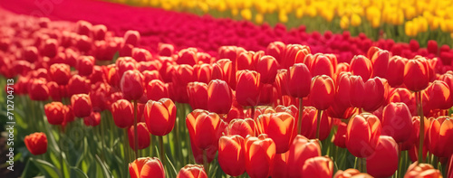 Red tulips blooming flowers field sunny day gark farm garden holland coumtryside landscape horizon photo