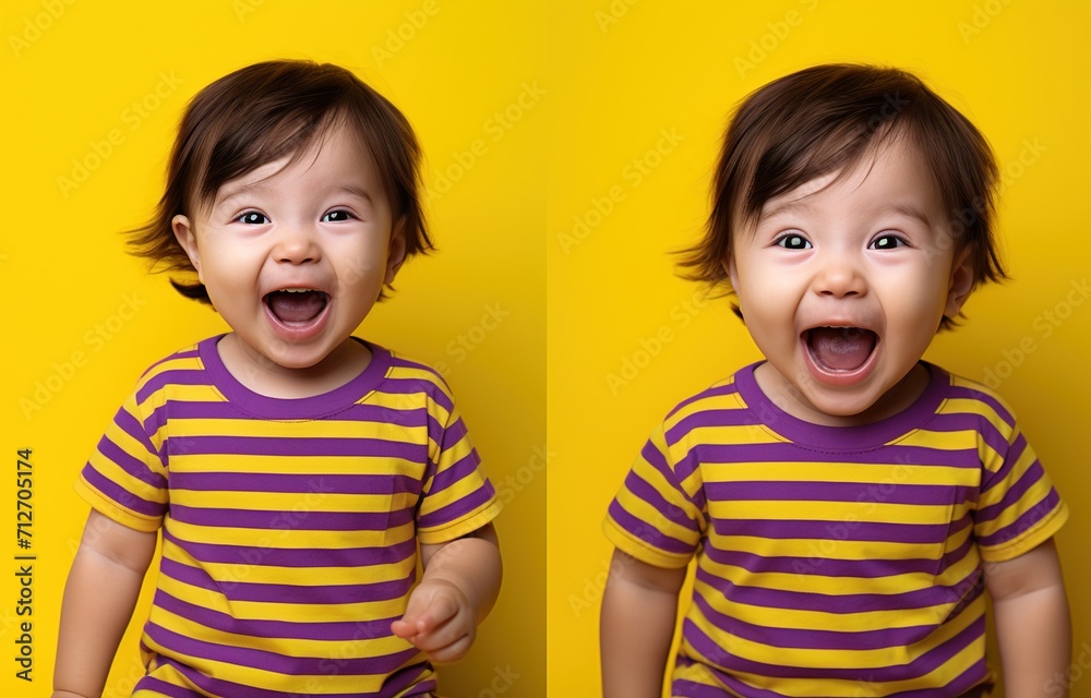 Two happy babies in purple and yellow striped shirts Two happy babies in purple and yellow striped shirts