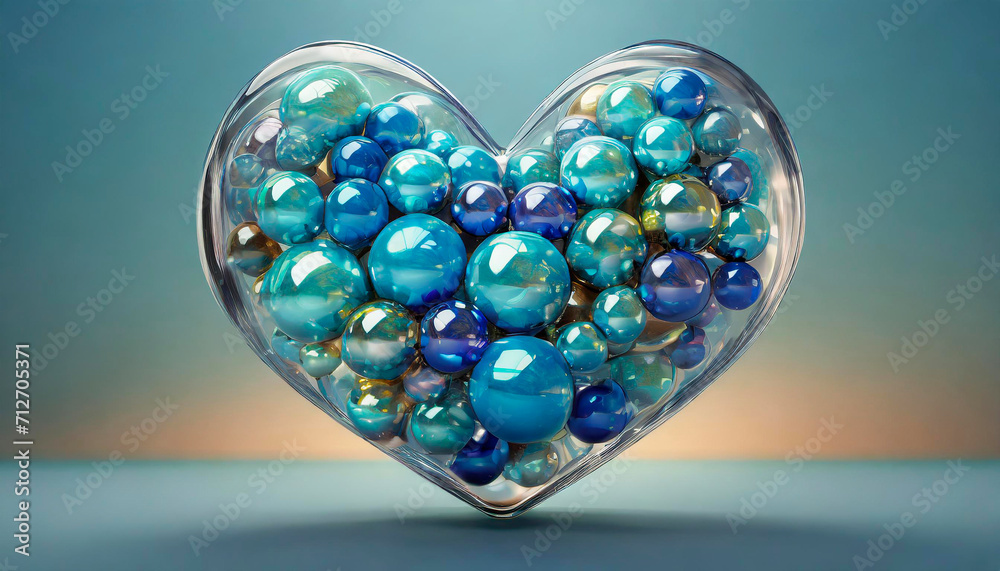 Multicolored Sphere Love Heart. Lught blue, Blue Glass and Blue Metallic Spheres arranged in a heart shape. 3D Render, blue background