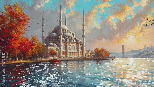 Animated Mosque by the River - Spring. Generative AI photo