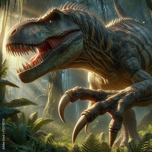 Dinosaur in the jungle. 3D render. Fantasy illustration.