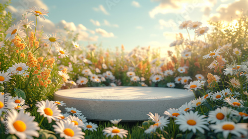 3d render of white podium with daisies in the field
