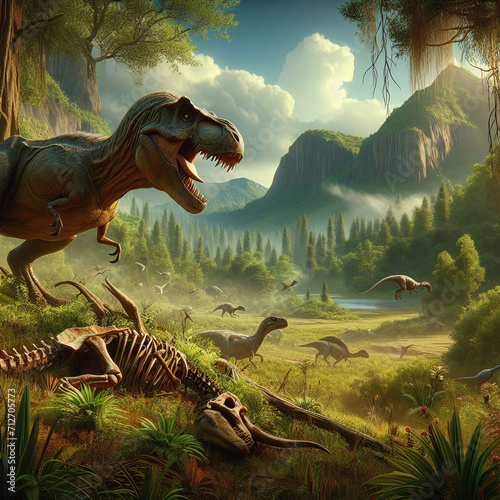 Dinosaur in the forest. Digital painting. 3D rendering.