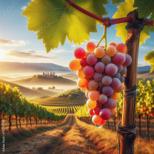 Vineyards in Tuscany, Italy. Ripe grapes on vineyards at sunset