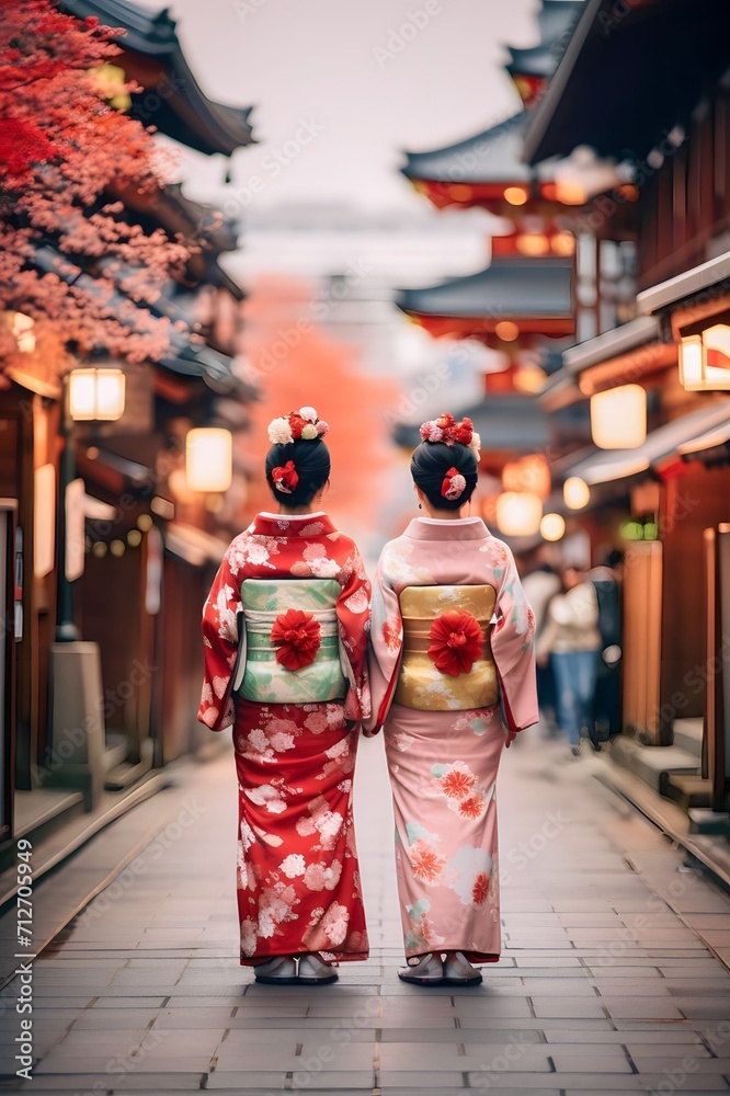 Geisha wearing traditional Japanese kimono at the town temple