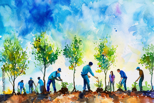 wondrous watercolor illustration of a group of people planting trees.