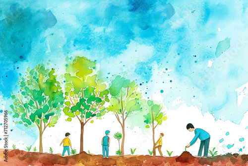 wondrous watercolor illustration of a group of people planting trees.