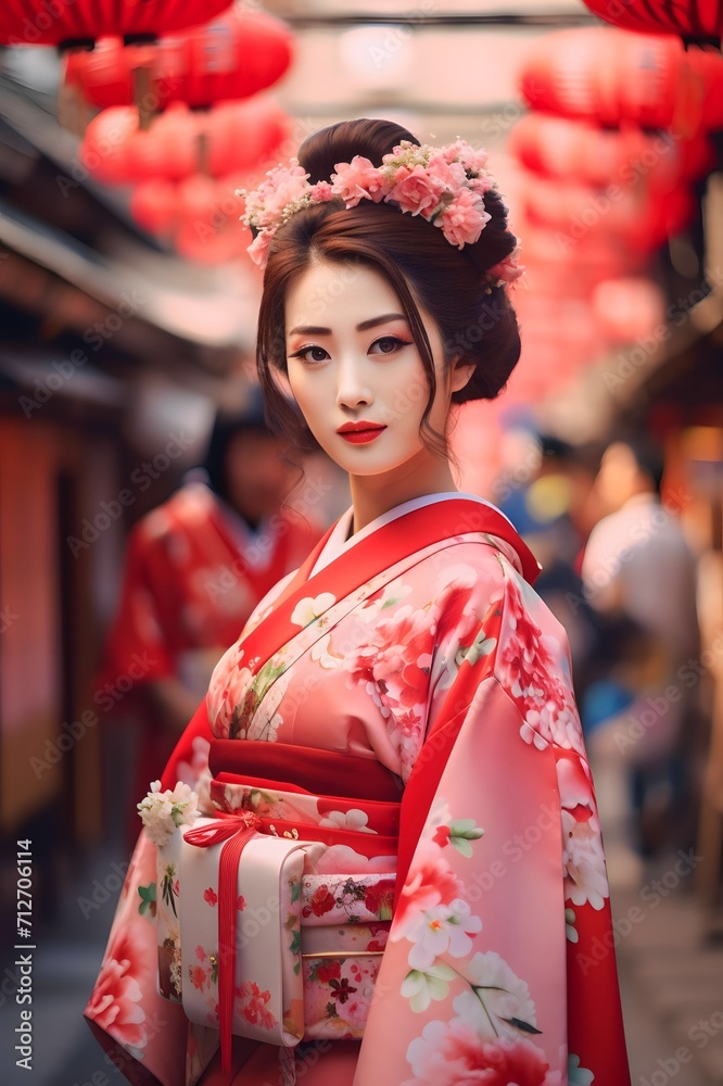 Geisha wearing traditional Japanese kimono at the town temple Geisha wearing traditional Japanese kimono at the town temple