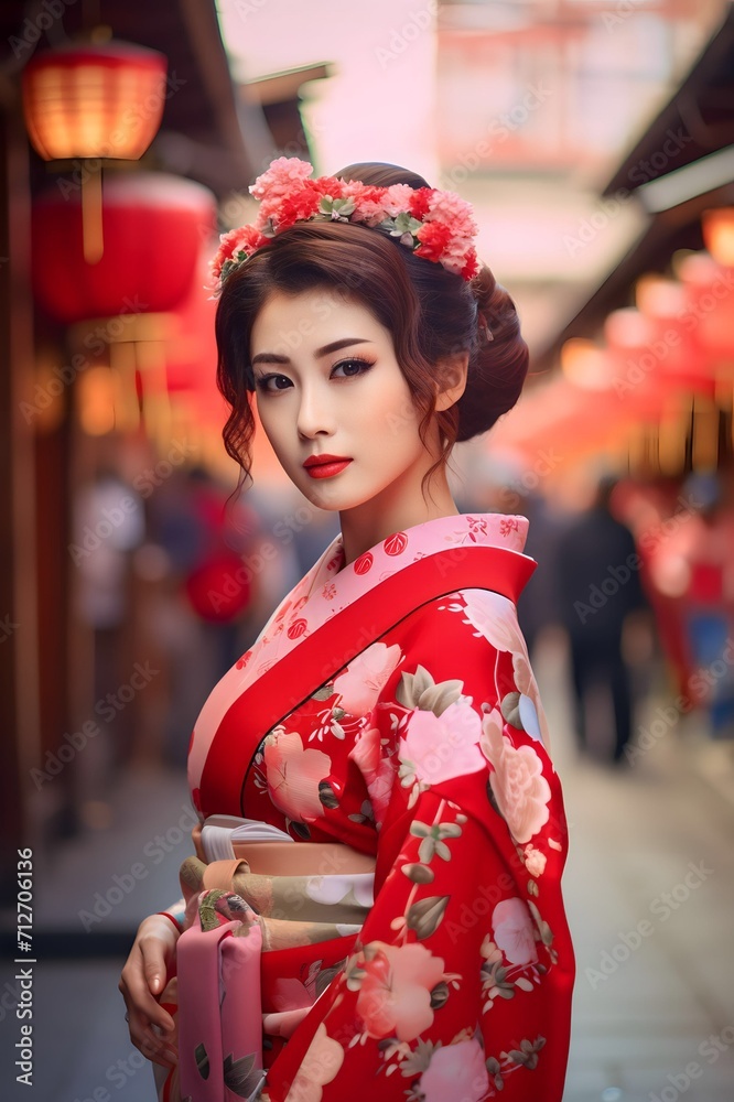 Geisha wearing traditional Japanese kimono at the town temple