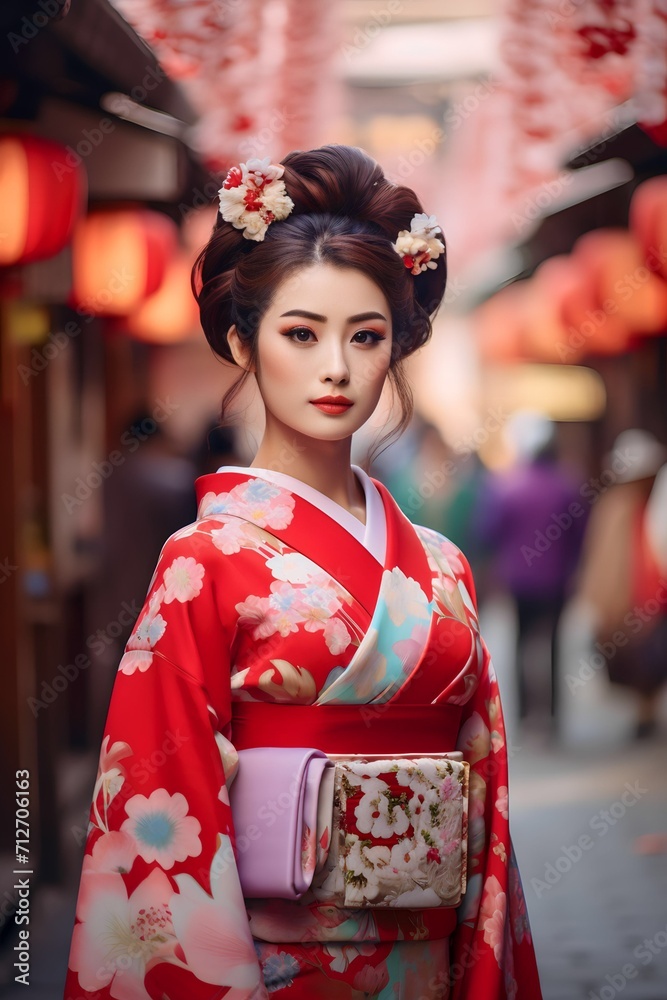 Geisha wearing traditional Japanese kimono at the town temple Geisha wearing traditional Japanese kimono at the town temple