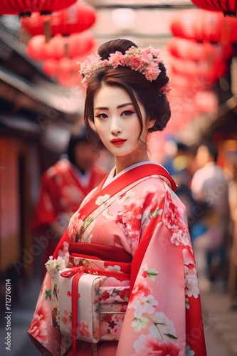 Geisha wearing traditional Japanese kimono at the town temple
