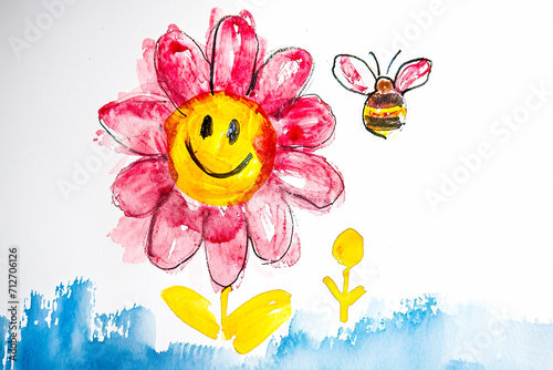 watercolor illustration of a child s drawing of a smiling flower with a bee